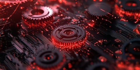 Wall Mural - abstract visuals of gears interlocking with digital circuit lines, representing a shift in systems.