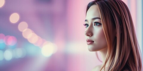 Wall Mural - A woman with long brown hair and blue eyes is looking out the window. The room is dimly lit, and the woman is lost in thought