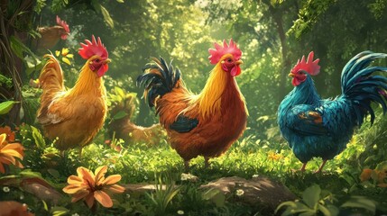 Canvas Print - Three Colorful Roosters in a Lush Forest