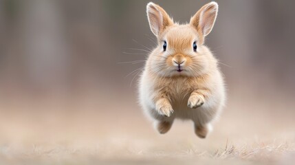 Wall Mural - Adorable bunny rabbit leaping, outdoors, blurred background, Easter card
