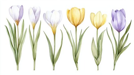 Poster - Beautifully Illustrated Crocus and Tulip Flowers with Green Leaves