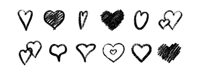 Wall Mural - crayon vector heart symbols with chalk texture set. outlined, filled, shaded and nested black romant
