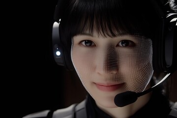 Wall Mural - A young woman with a digital mesh face, wearing a headset, showcasing a futuristic look.