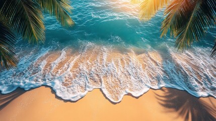 Canvas Print - Tropical beach waves, palm trees, sunrise, top view