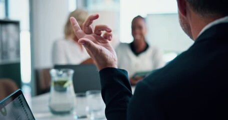 Aufkleber - People, meeting and discussion in office for business, explain proposal and interview at laptop. Company team, man hand and FAQ in agency for presentation, investment opportunity and brainstorming