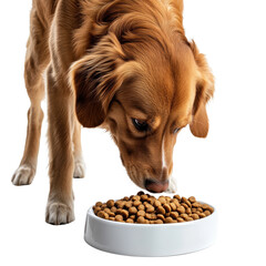 Dog eating from a white bowl, white background