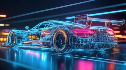 Poster - Futuristic Wireframe Sports Car: Neon Lights and Speed