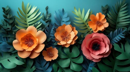 Wall Mural - Tropical paper flowers & leaves on teal backdrop