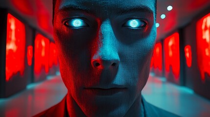 Wall Mural - A man's face is shown in a red and blue room with a blue light on his face