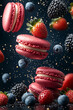 © Oksana - burgundy macarons, strawberries, blueberries and blackberries flying in the universe