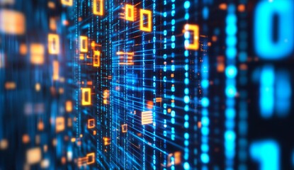 Digital data stream flowing, server room backdrop, binary code, tech background, website banner