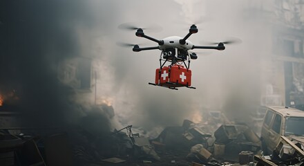 Drone delivering medical supplies over disaster area. Future of emergency response and healthcare. Innovative technology for crisis management in urban settings.