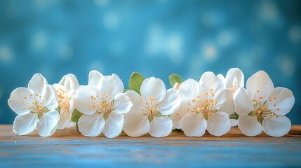 Sticker - White Blossoms on Wooden Surface, Teal Background