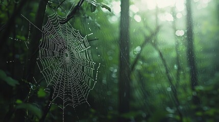 Spider web with dew drops in rain forest, natural background.