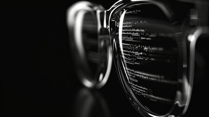 Stylish close-up of digital code and programming lines reflected on transparent glasses, symbolizing modern technology and advanced programming visuals. AI generated.