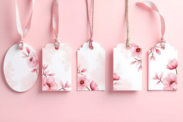 Wall Mural - A beautiful flat lay of five hanging tags, each featuring unique pink floral designs, displayed against a soft pink gradient background. The tags vary in shape—round, rectangular, and scalloped