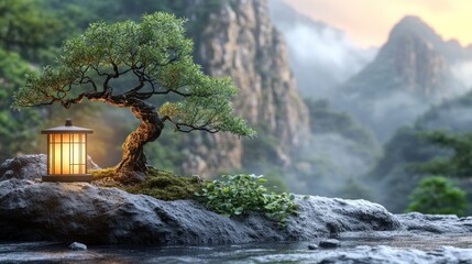 Canvas Print - Zen lantern, bonsai tree, mountain stream, misty valley