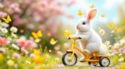 Wall Mural - Funny Easter Bunny on Yellow Tricycle with Eggs and Butterflies Against Spring Blossom Background. Easter concept