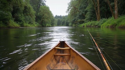 Aufkleber - Rowing through calm waters, a canoe glides quietly along a river bordered by thick forests, creating a tranquil atmosphere ideal for relaxation and fishing.
