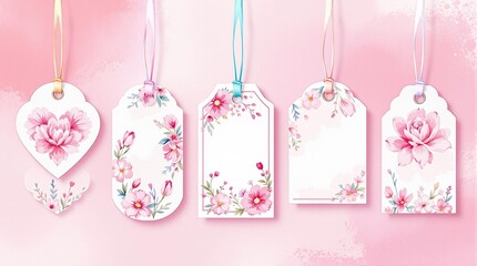 Wall Mural - A fun and whimsical arrangement of five hanging tags with artistic pink floral watercolor designs, displayed on a lively pink gradient background. Each tag has a unique shape—heart, oval, rectangular