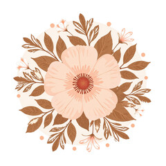 Wall Mural - A cut out illustration of a peach-colored flower surrounded by brown leaves in a circular arrangement.