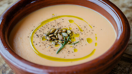 Creamy soup in a rustic bowl, garnished with seeds, a sprig of rosemary, pepper and a swirl of olive oil, showcasing a comforting and healthy dish.