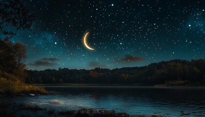 Wall Mural - Enchanting starry night sky with crescent moon over ocean for ramadan iftar or eid celebration