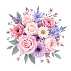 Wall Mural - A digital illustration of a pastel pink and purple flower bouquet, featuring roses, daisies and other blooms. Cut out on a black background.