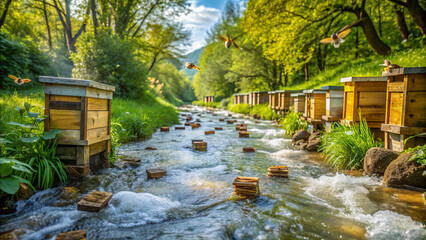 Wall Mural - Beehives line a gentle river, surrounded by lush green trees and vibrant nature. Birds fly overhead while sunlight filters through the leaves, creating a peaceful atmosphere