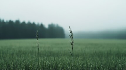 Wall Mural - Misty field, plants, forest background, serene landscape, nature photography