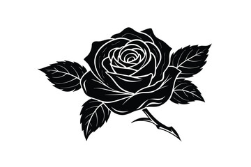 Vector Illustration of black silhouette of rose with rosebud and leaves on a white background.