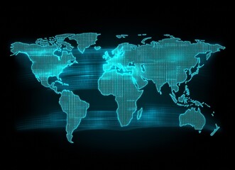 Sticker - A world map illuminated by a bright blue light, with radiating lines that symbolize global connectivity and digital flow, evokes ideas of networking, technology, and global communication