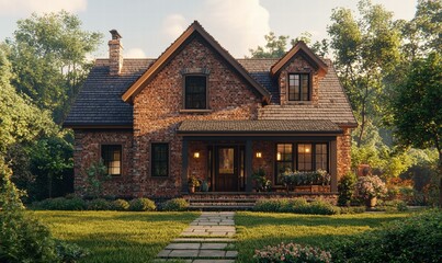 Wall Mural - Charming brick house with a porch. AI.