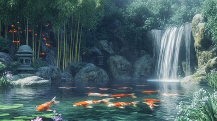 Wall Mural - Serene koi pond waterfall zen garden