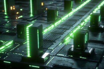 Wall Mural - Futuristic digital circuit board with neon lines and 3d microchips in cinematic perspective