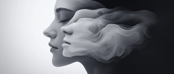 Wall Mural - double exposure of a woman's face with smoke