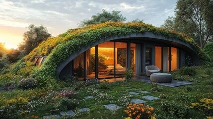 Poster - Eco-friendly house covered in green vegetation with warm lighting at sunset in a tranquil setting