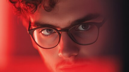 Wall Mural - man with glasses looking at viewer in red light