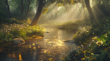 Wall Mural - Serene forest scene with sunbeams illuminating an ancient stream surrounded by lush greenery