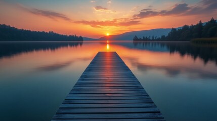 Wall Mural - Sunset over tranquil lake with a wooden pier extending into reflective waters