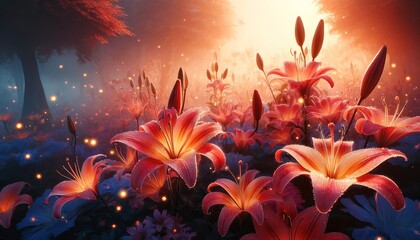 fairy tale fantasy garden with orange lilies at night in mystical light