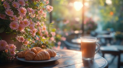 Wall Mural - Enjoying coffee and croissants in a tranquil outdoor caf during sunset