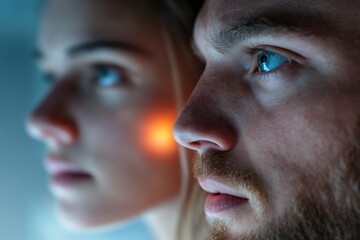 Wall Mural - close-up of couple looking forward in blue light