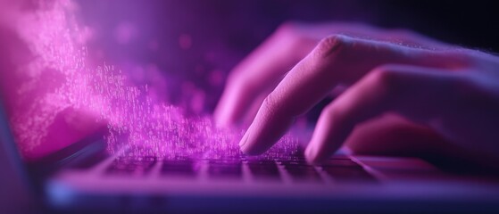 typing on laptop with abstract pink light