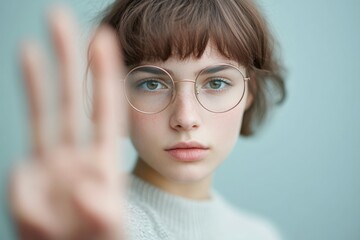 Wall Mural - young woman with glasses holding hand up