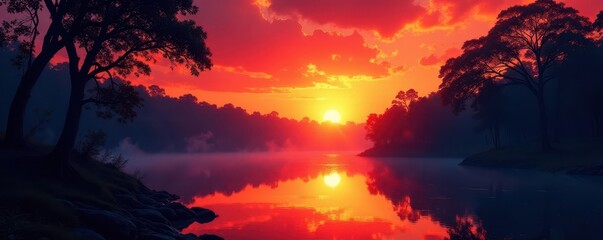 Wall Mural - Fiery sunset paints jungle river, silhouetted trees against glowing sky , reflection, picture, dark