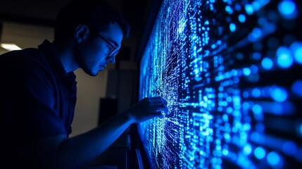 Programmer analyzing data on large screen at night
