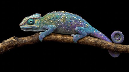 Wall Mural - Vibrant chameleon perched on branch showcasing dazzling colors and intricate textures