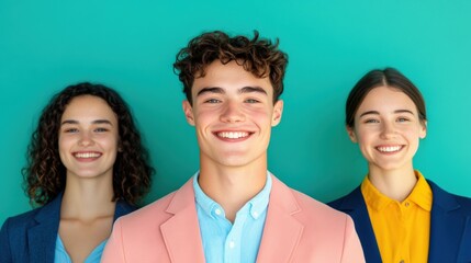 Canvas Print - Group of Young Professionals Smiling in front of Teal Background