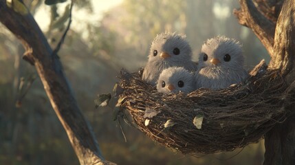 Three fluffy baby birds in a cozy nest on a branch surrounded by sunlight and greenery